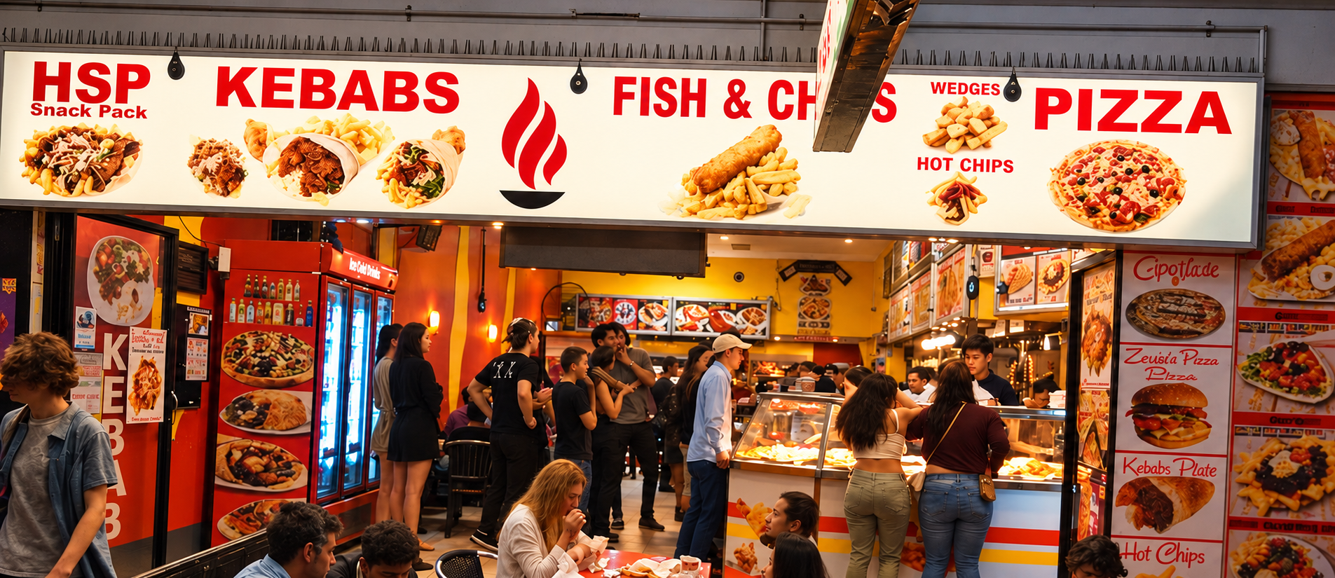 Inside SHAH Kebabs: customers queue at the lit counter under illuminated HSP, kebab, fish and chips and pizza signs, with a drink fridge and seating beyond